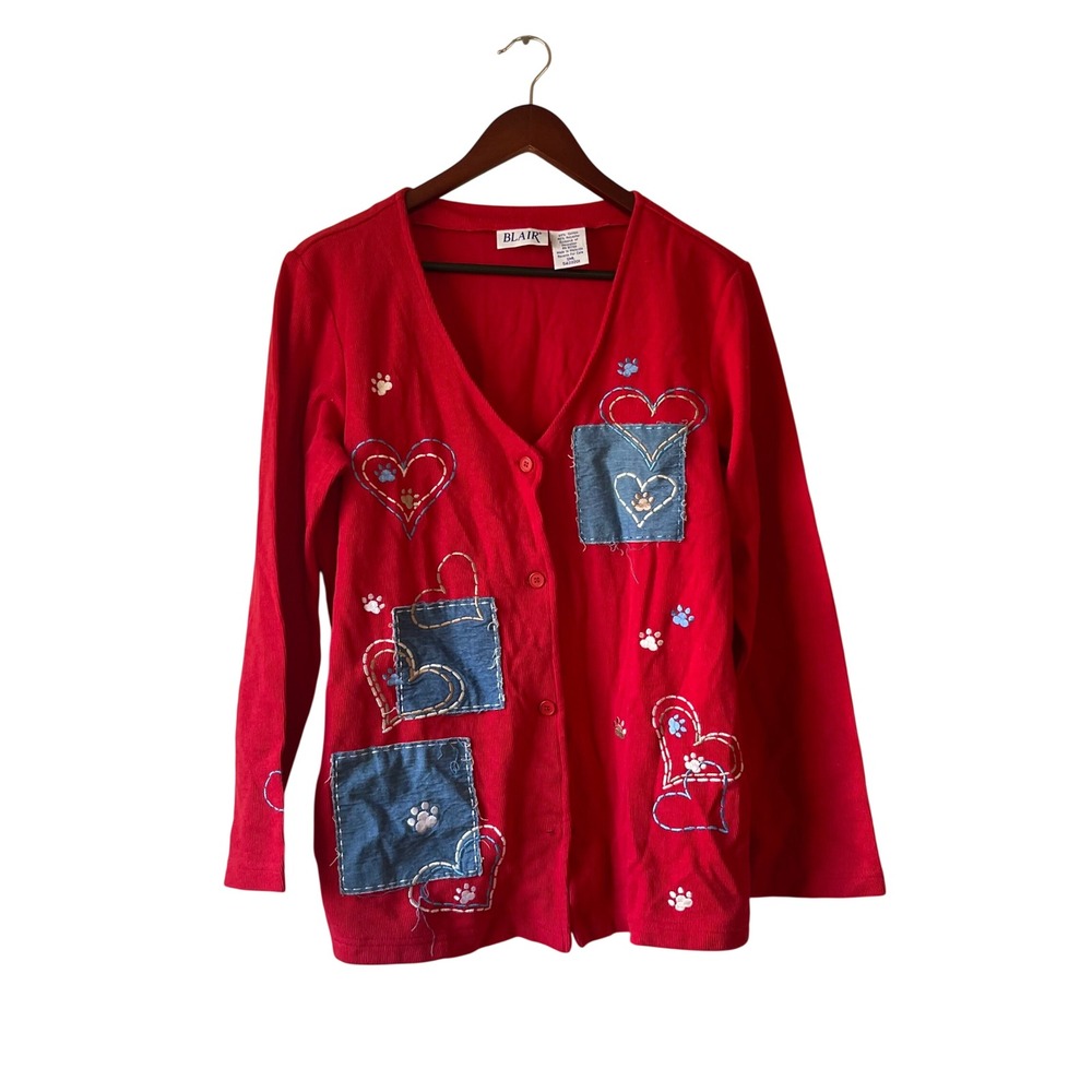 Vintage Red Ribbed Cardigan Heart Paw Print Denim Patch Button Up SML